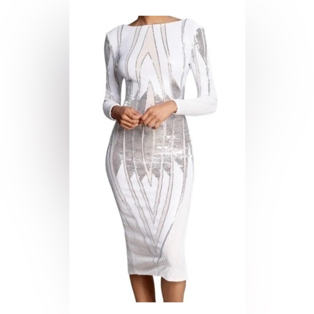 Dress the Population White and Silver Long Sleeve Emery Sequin Body-Con Dress